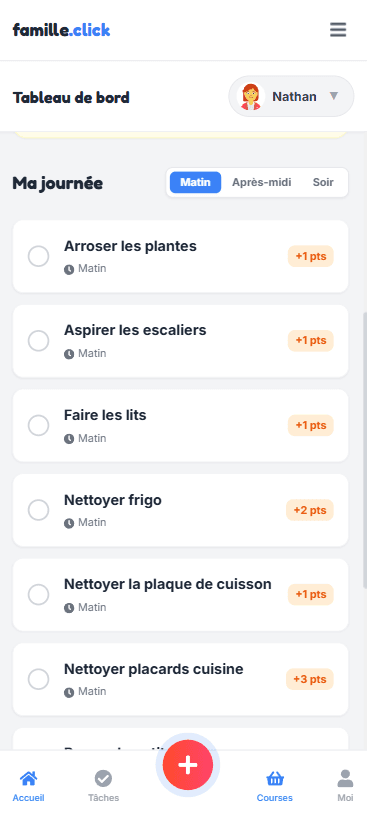 Aperçu de l'application Famille.click sur mobile